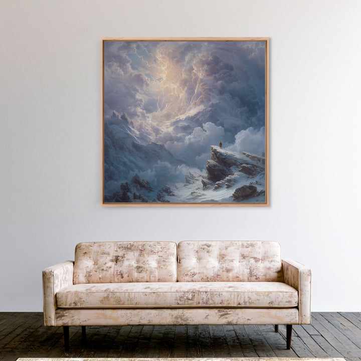 Lone Explorer On Snowy Mountain Storm Canvas Print, Winter Landscape Wall Art, Moody Nature Decor, Adventure Gift For Him