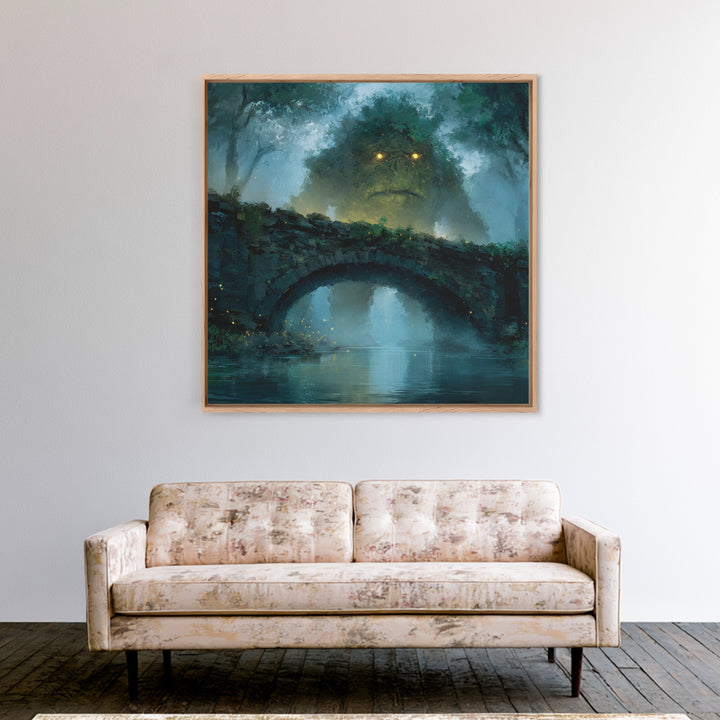 Mossy Forest Giant Above Stone Bridge Framed Canvas Print, Whimsical Fantasy Wall Art, Nature Decor, Cozy Gift For Her, Woodland Home Decor