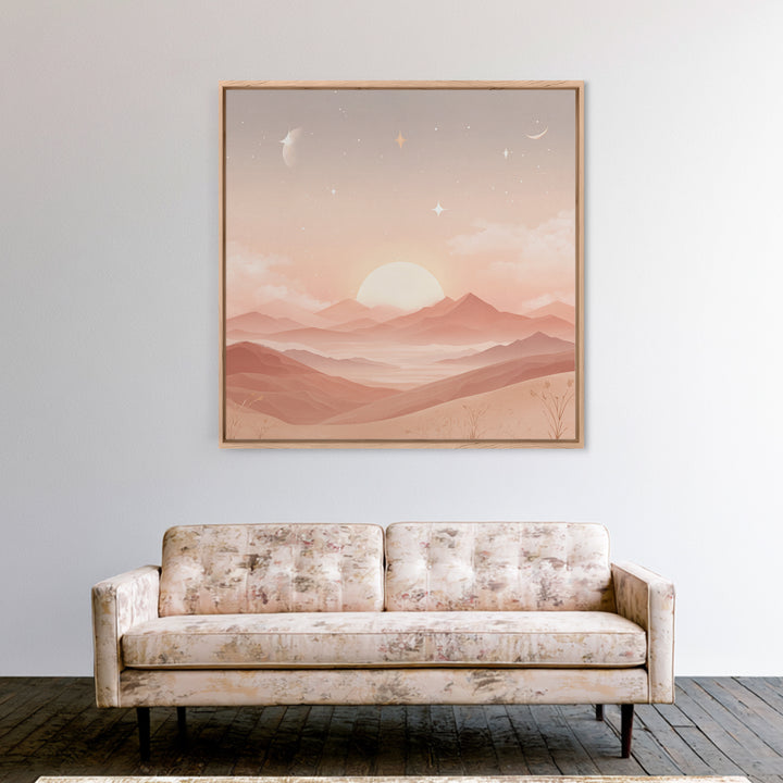 Peach Sunrise Mountains With Moon And Stars Wall Art, Minimalist Landscape Print, Celestial Nursery Decor, Above Bed Art