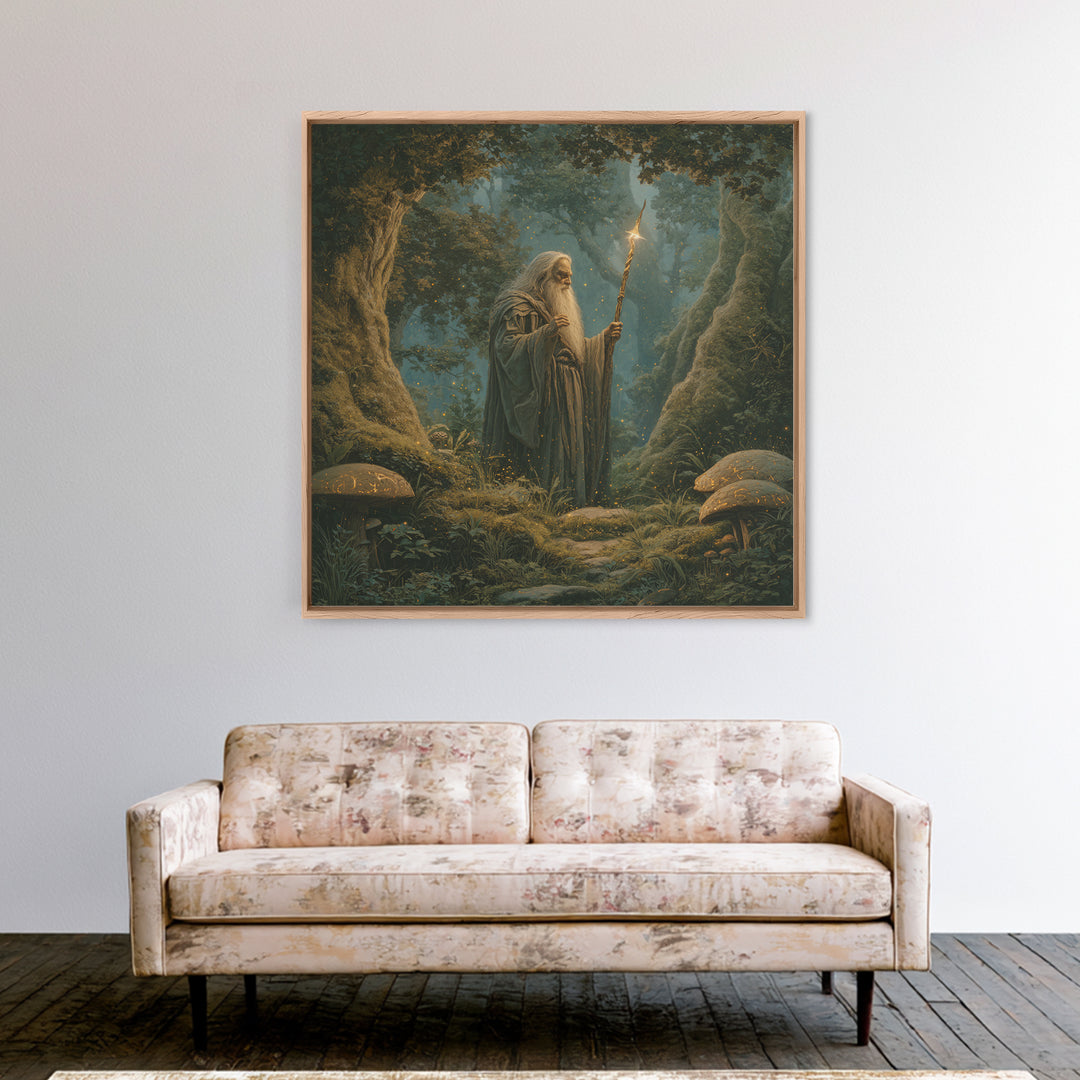 Ancient Wizard With Glowing Staff Framed Canvas Print, Fantasy Wall Art, Enchanted Forest Home Decor, Dark Academia Gift