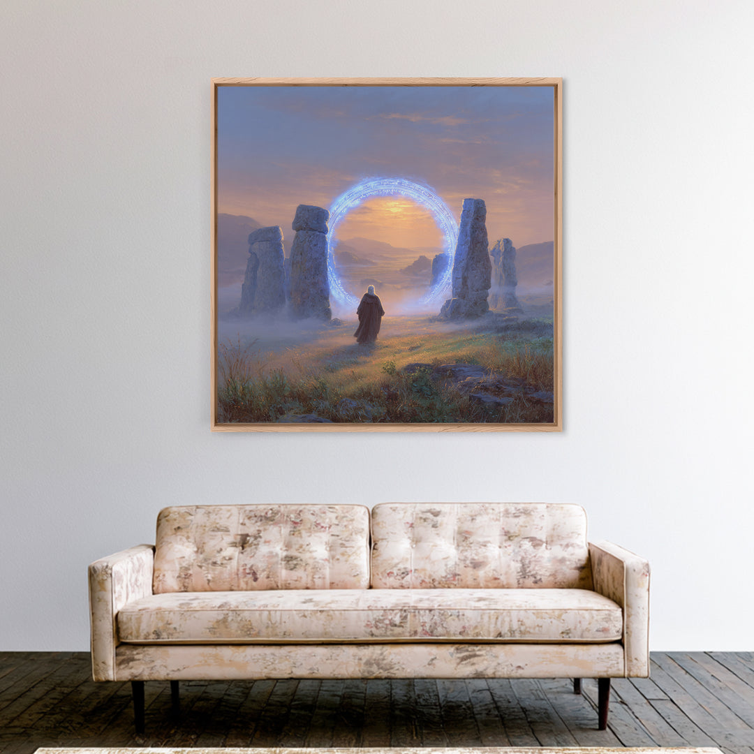 Glowing Rune Portal Between Ancient Stones Canvas Print, Fantasy Landscape Wall Art, Mystical Home Decor, Magic Gateway Art