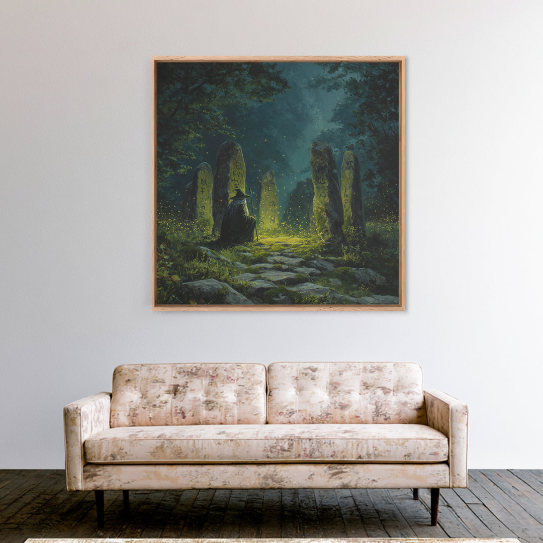 Dark Witch At Ancient Rune Stones Wall Art, Gothic Fantasy Canvas Print, Mystical Forest Decor, Dark Academia Poster Gift