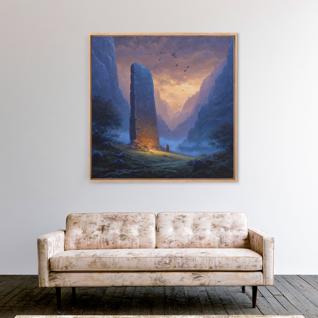 Carved Rune Monolith In Misty Mountain Valley Wall Art, Fantasy Landscape Canvas Print, Mystical Ancient Stone Home Decor