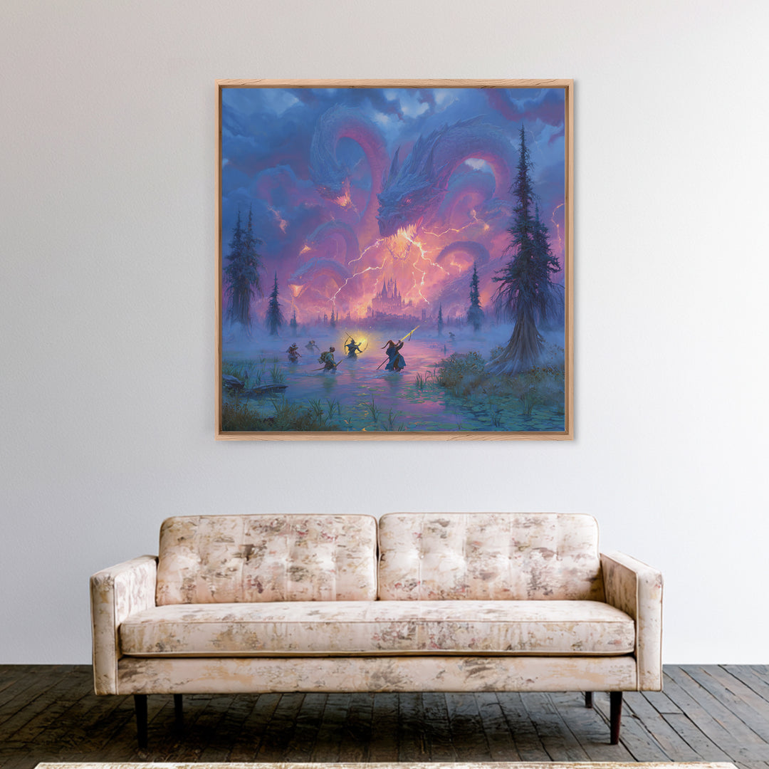 Epic Blue Dragon Battle Over Misty Castle Canvas Print, Fantasy Wall Art, Dungeons And Dragons Decor, Gamer Room Decor Gift
