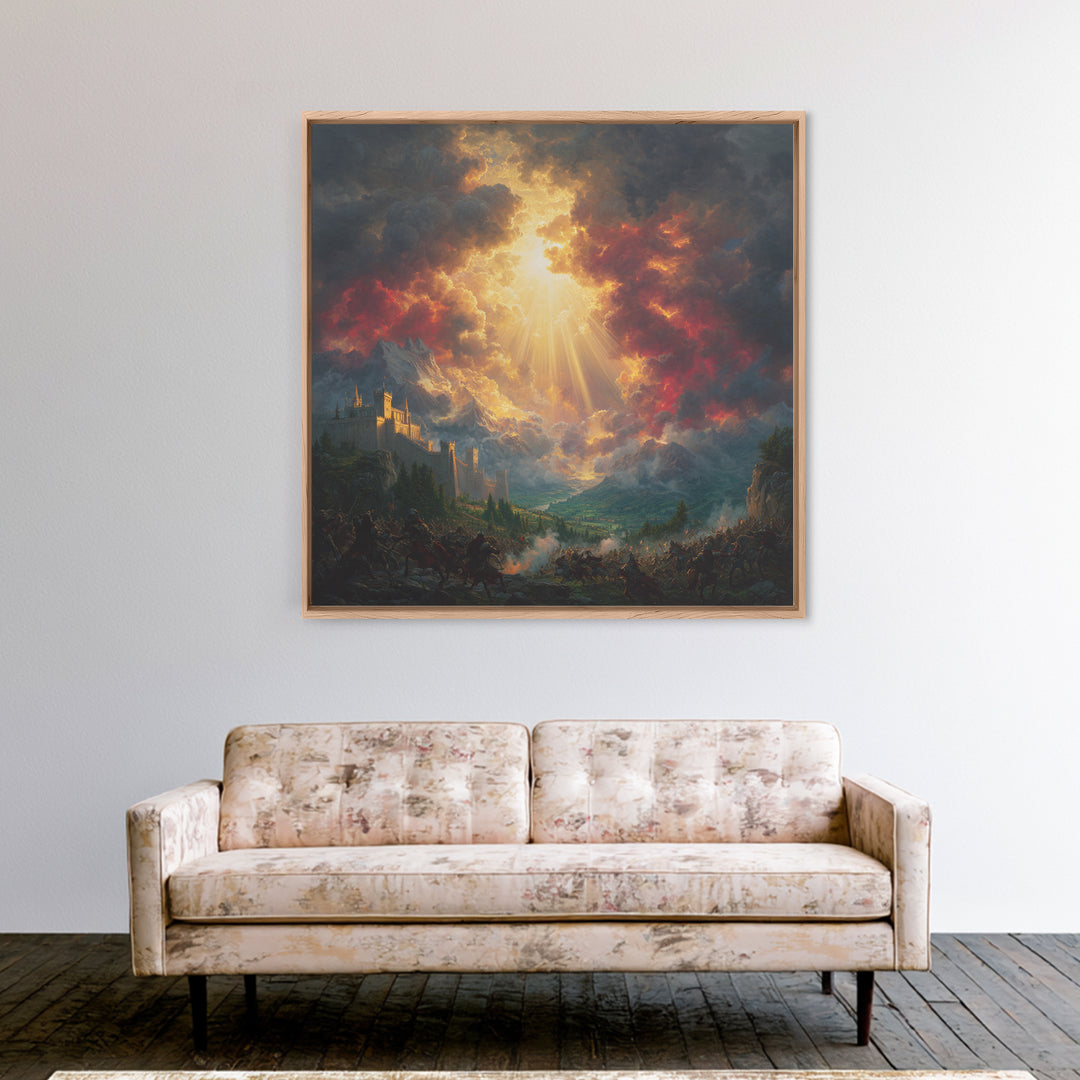 Heavenly Light Over Castle And Mountain Battlefield Wall Art, Epic Fantasy Canvas Print, Dramatic Landscape Home Decor Gift