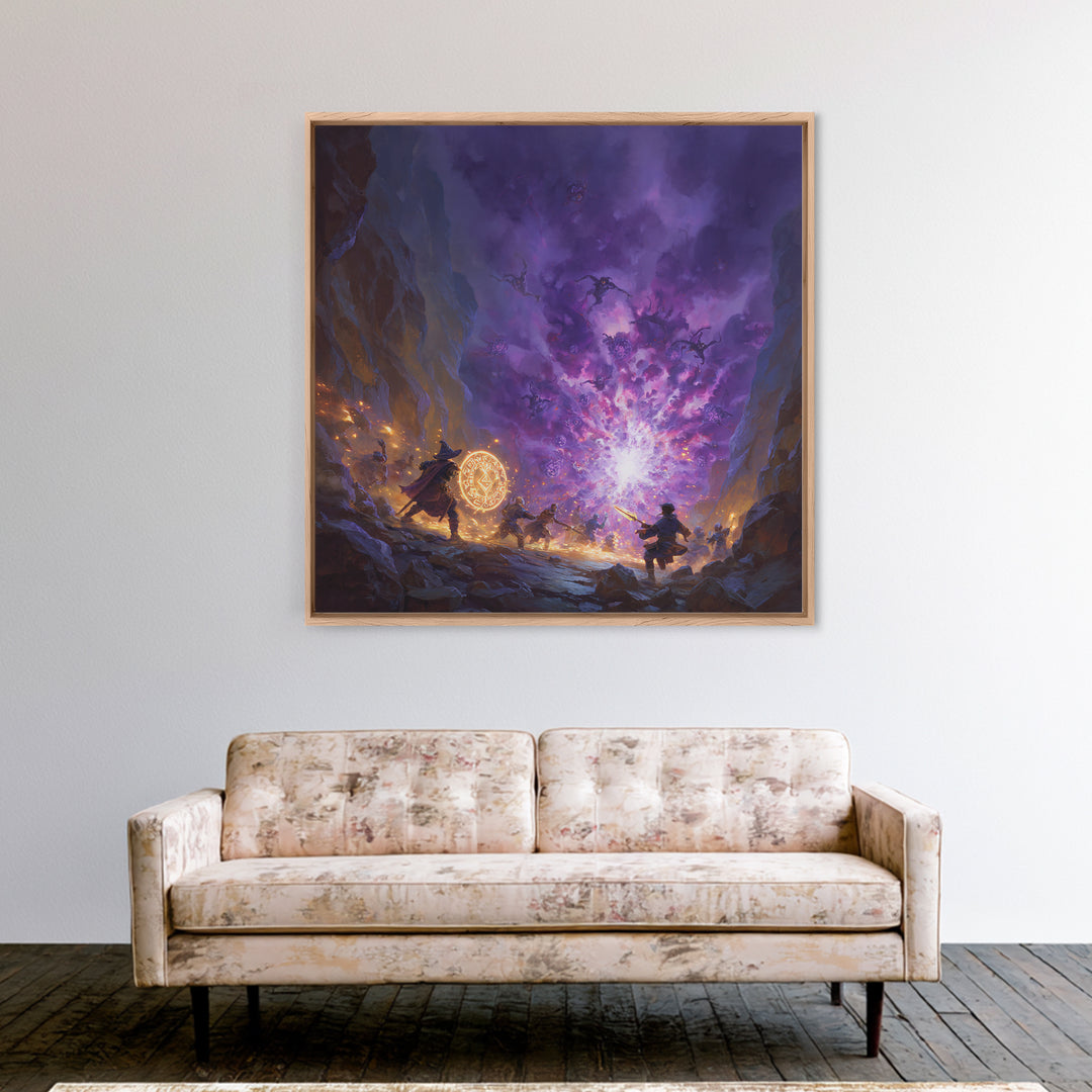 Wizard Party Fighting Purple Demon Portal Wall Art, Dark Fantasy Canvas Print, Dungeons And Dragons Game Room Decor Gift
