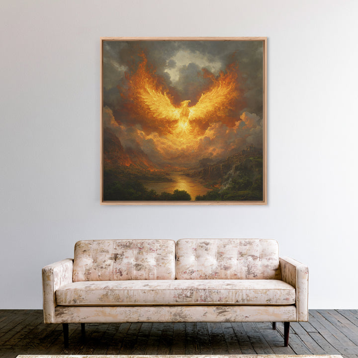Fiery Phoenix Rising Above Stormy Valley Wall Art, Mythical Fantasy Canvas Print, Dramatic Firebird Epic Home Decor Gift