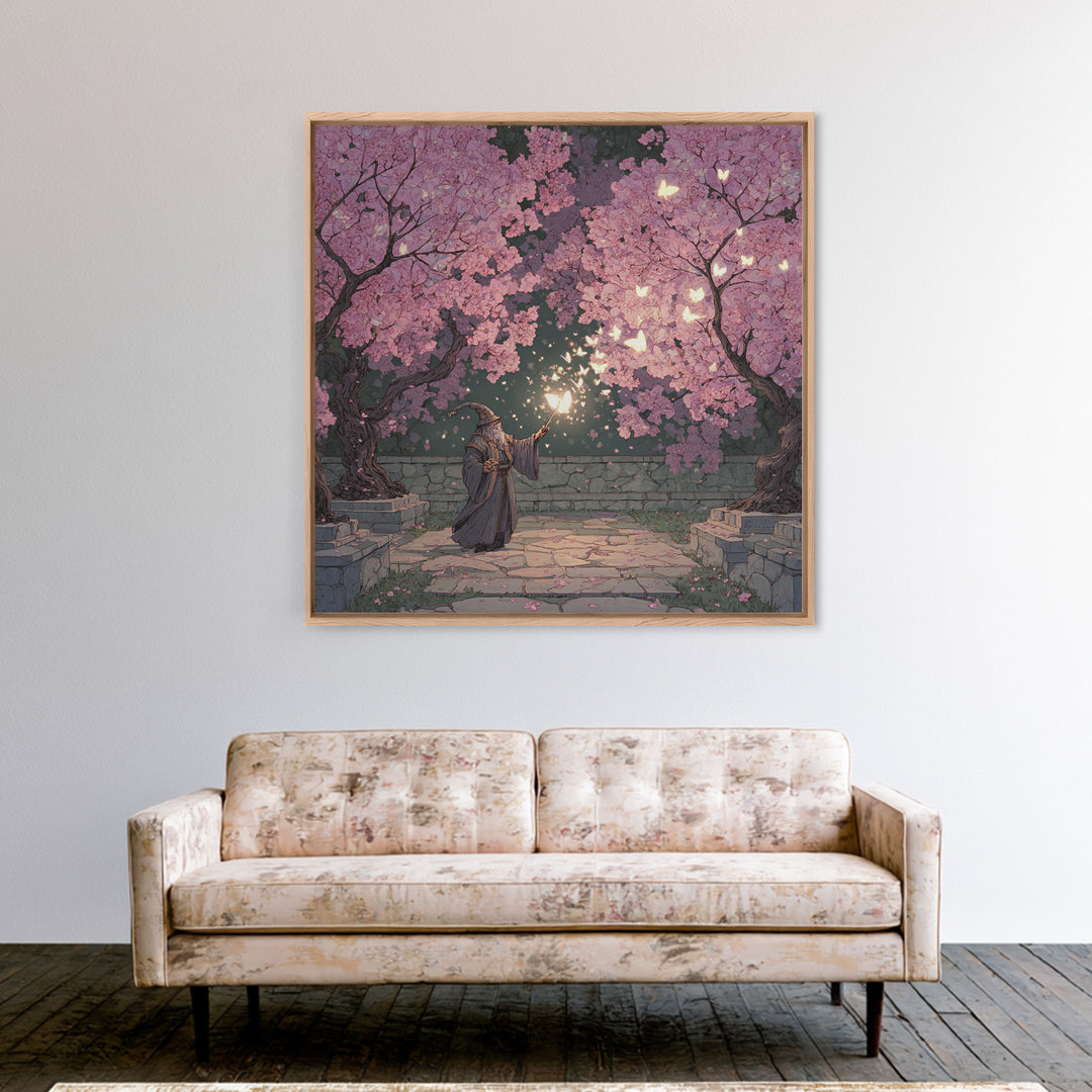 Wizard Casting Light Beneath Cherry Blossoms Canvas Print, Fantasy Wall Art, Pink Floral Magical Garden Home Decor, Unique Gift