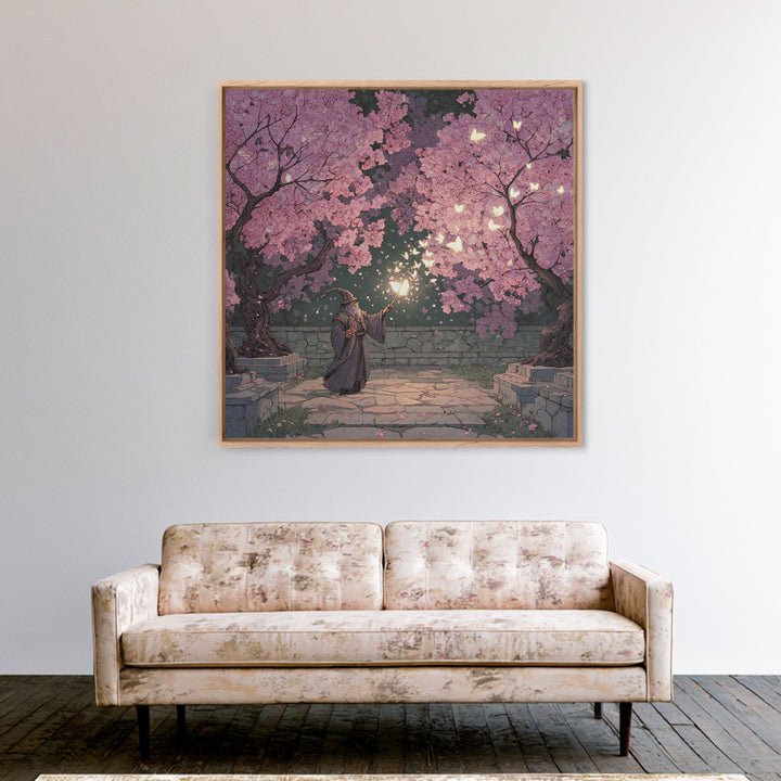Wizard Casting Light Beneath Cherry Blossoms Canvas Print, Fantasy Wall Art, Pink Floral Magical Garden Home Decor, Unique Gift