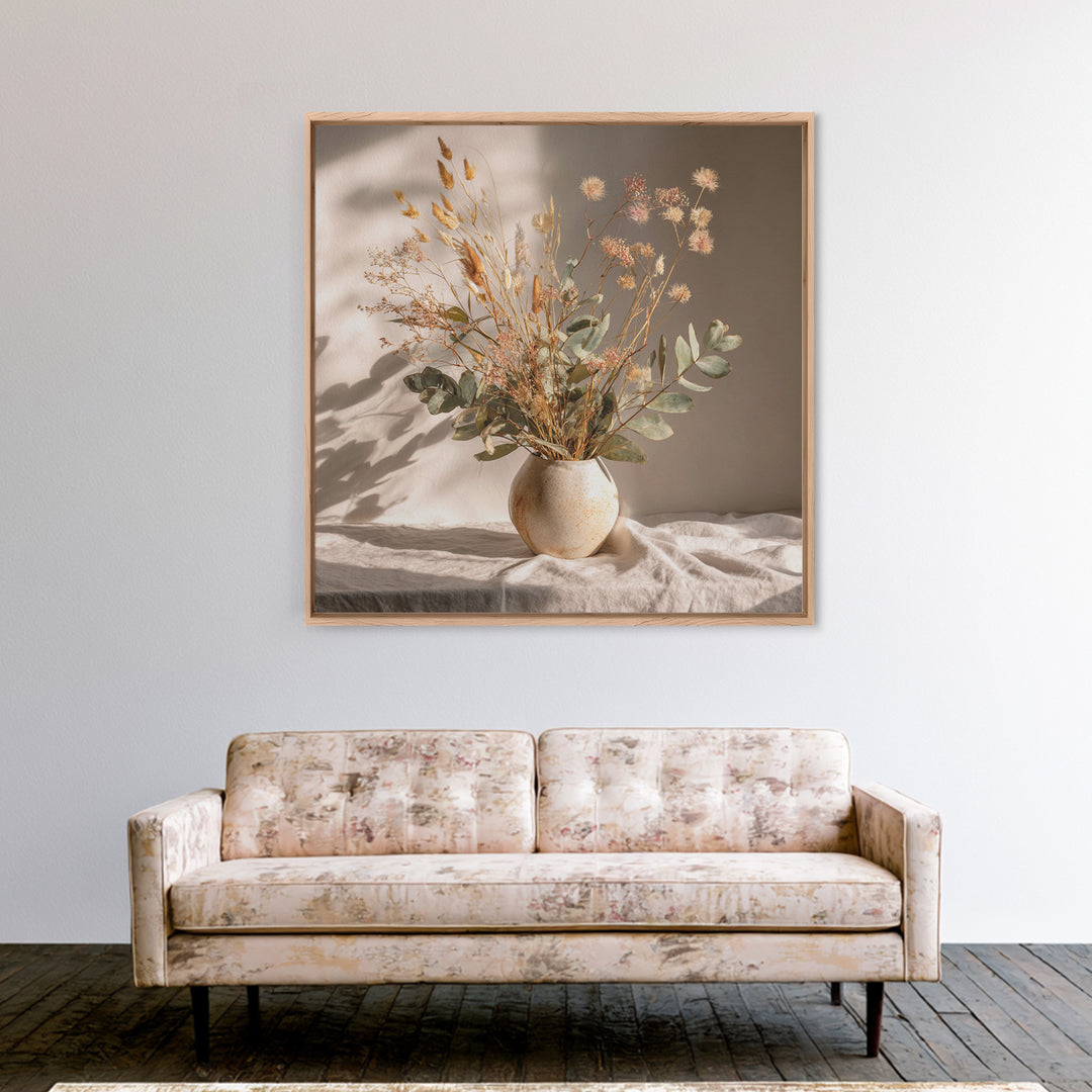 Sunlit Dried Eucalyptus Vase Wall Art, Neutral Botanical Canvas Print, Japandi Home Decor, Minimalist Bedroom Decor Gift For Her