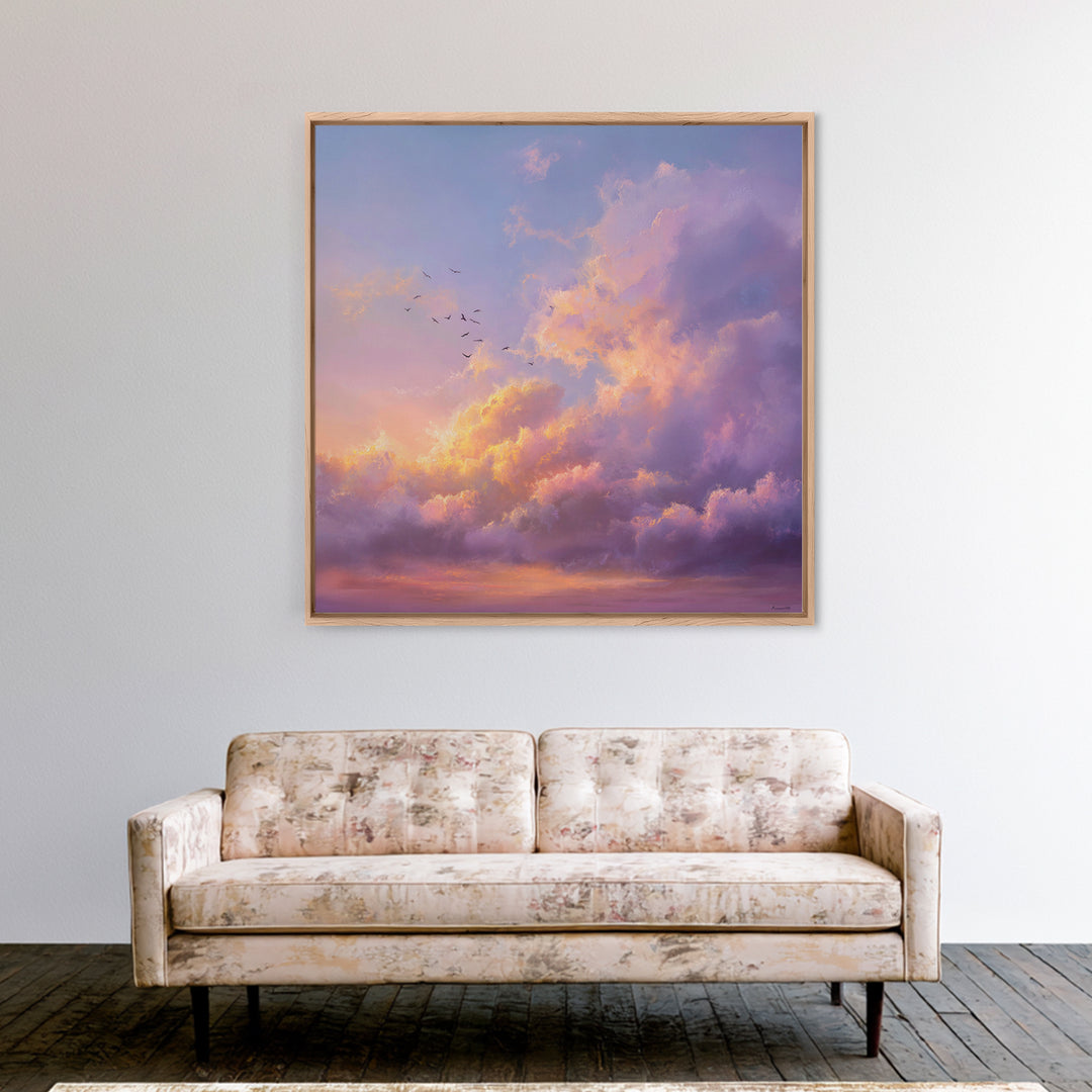 Pastel Sunset Clouds With Flying Birds Wall Art, Dreamy Sky Canvas Print For Living Room Decor And Serene Bedroom Decor Gift