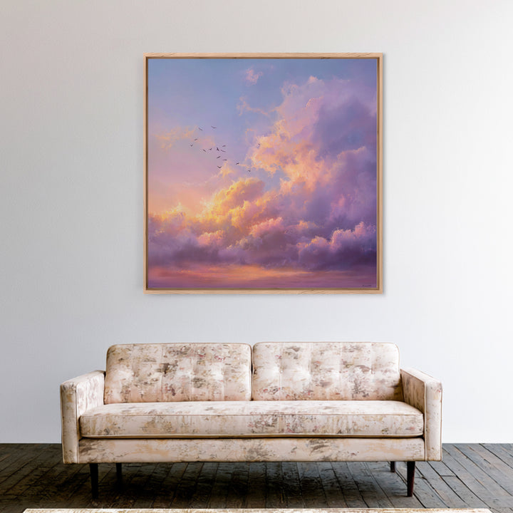 Pastel Sunset Clouds With Flying Birds Wall Art, Dreamy Sky Canvas Print For Living Room Decor And Serene Bedroom Decor Gift