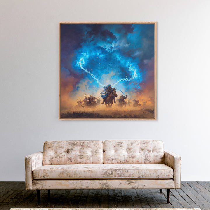 Blue Storm Giant Battle Wall Art, Epic Fantasy Canvas Print, Dark Wizard Decor, Medieval Warrior Gift, Moody Game Room Art