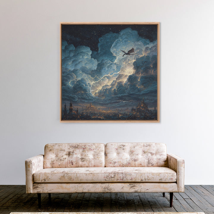 Night Dragon Storm Cloud Wall Art, Fantasy City Canvas Print, Gothic Castle Decor, Moody Sky Art, Gift For Dragon Lovers