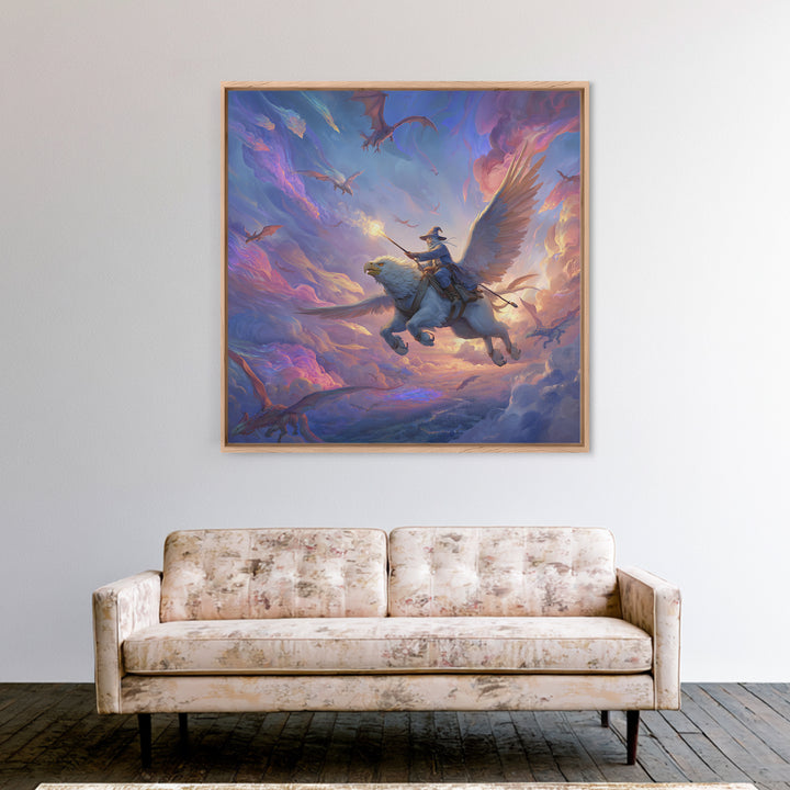 Griffin Rider Sky Battle Wall Art, Whimsical Fantasy Canvas Print, Pastel Dragon Decor, Magical Nursery Or Game Room Art