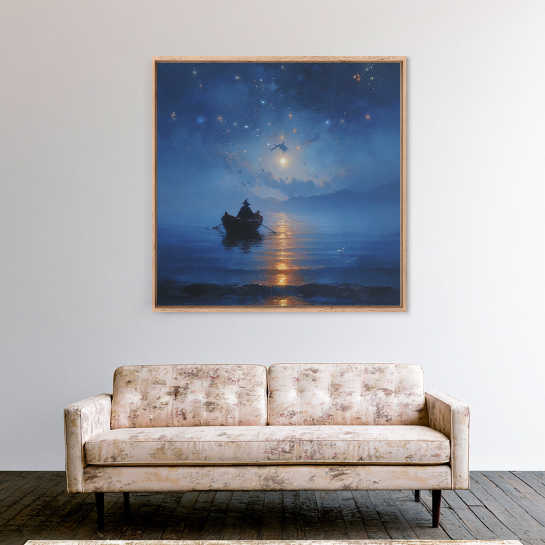 Moonlit Wizard Boat Wall Art, Blue Fantasy Seascape Canvas Print, Celestial Ocean Decor, Dreamy Bedroom Or Office Art Gift