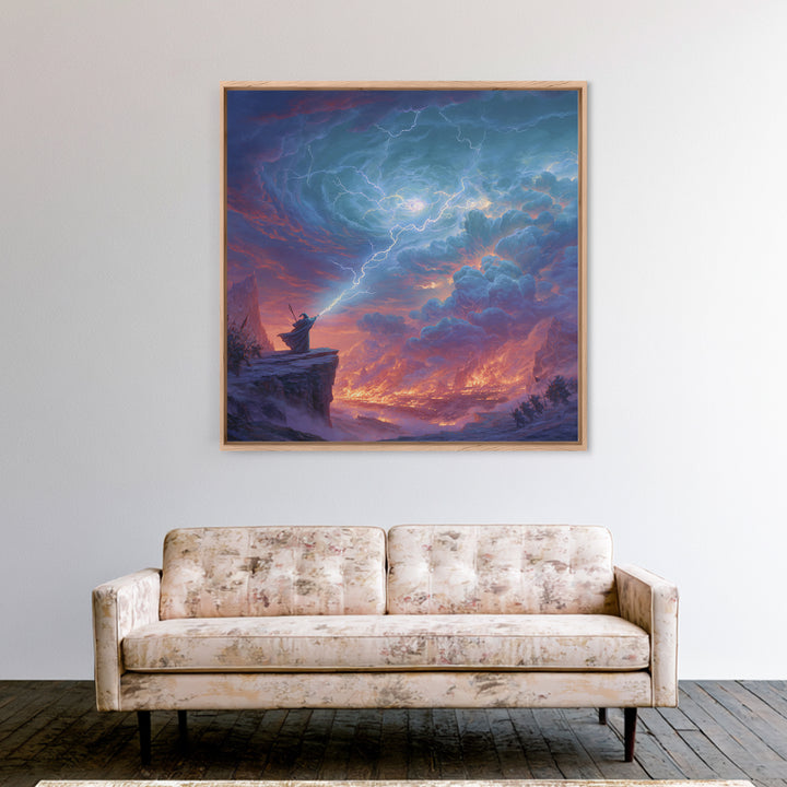 Lightning Wizard Cliff Wall Art, Epic Fantasy Storm Canvas Print, Dramatic Mountain Decor, Dark Magic Gift For Game Room