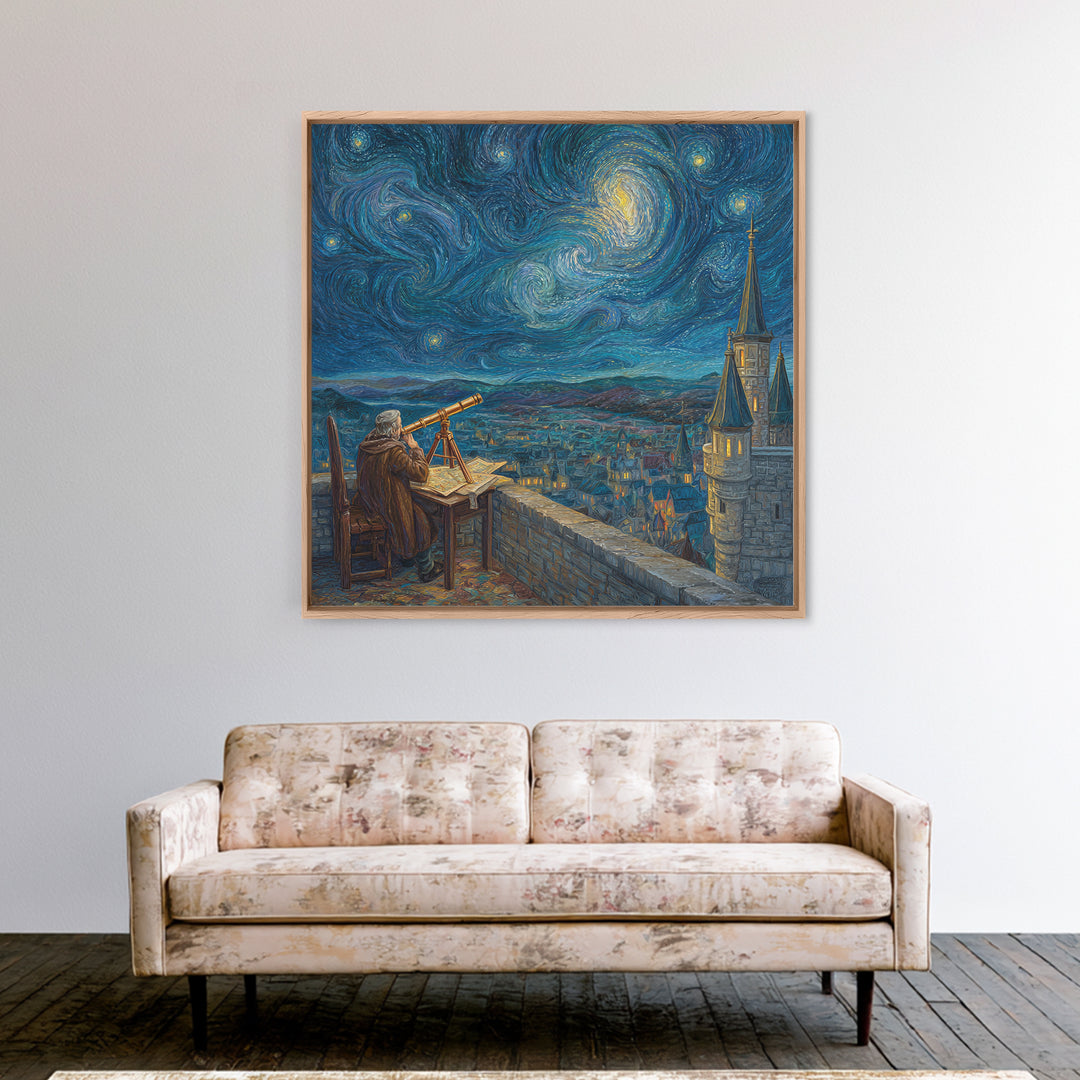 Starry Astronomer Tower Wall Art, Van Gogh Style Canvas Print, Celestial Medieval City Decor, Astronomy Gift For Office Decor