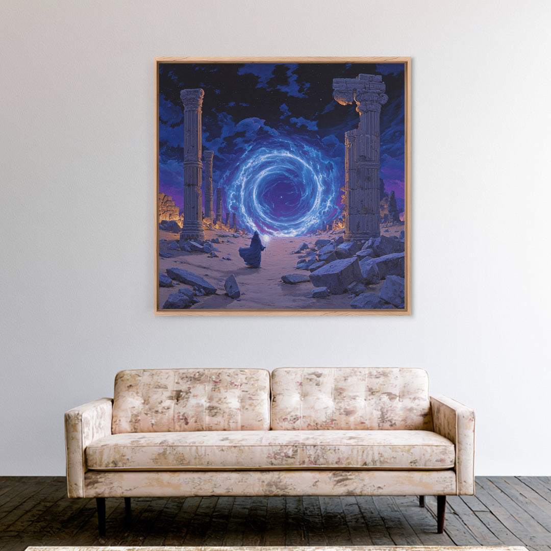 Ancient Ruins Magic Portal Wall Art, Blue Fantasy Canvas Print, Mystical Wizard Decor, Surreal Game Room Or Home Office Gift