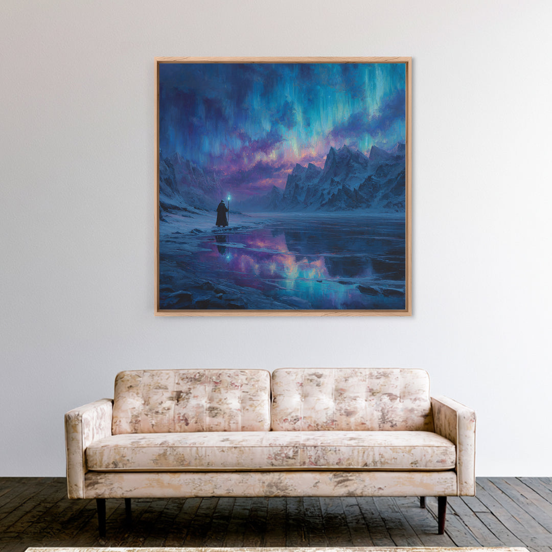 Aurora Mountain Wizard Wall Art, Frozen Fantasy Landscape Canvas Print, Northern Lights Decor, Moody Bedroom Or Office Gift