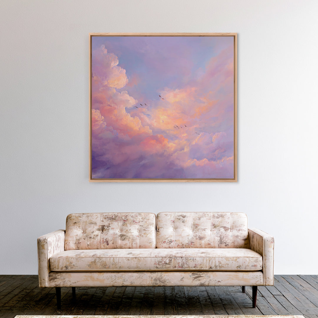 Blush Pink Cloudscape With Birds Framed Canvas Print, Pastel Sky Wall Art For Nursery Decor And Calming Bedroom Decor Gift