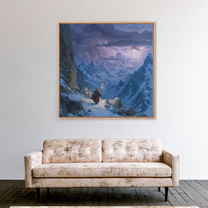 Wizard On Stormy Mountain Pass Wall Art, Fantasy Landscape Painting, Moody Alpine Adventure Decor, Large Living Room Art