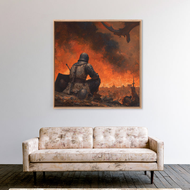 Kneeling Knight Before Dragon Canvas Print, Dark Fantasy Battle Painting, Medieval Warrior Wall Decor, Gothic Adventure Gift For Him