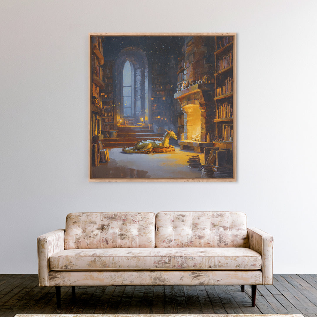 Sleeping Dragon In Magical Library Framed Canvas Print, Fantasy Bookish Wall Art, Cozy Reading Nook Decor Gift For Readers