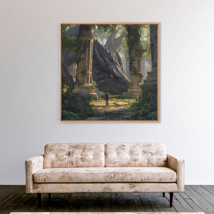 Giant Dragon In Overgrown Ruins Canvas Print, Fantasy Adventure Wall Art, Mythical Creature Decor, Kids Room Decor Gift Idea