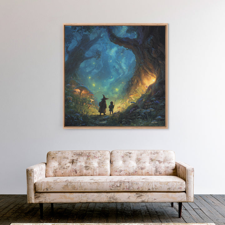 Wizard And Child In Enchanted Forest Wall Art, Whimsical Fantasy Painting, Mushroom Woodland Decor, Magical Kids Room Art