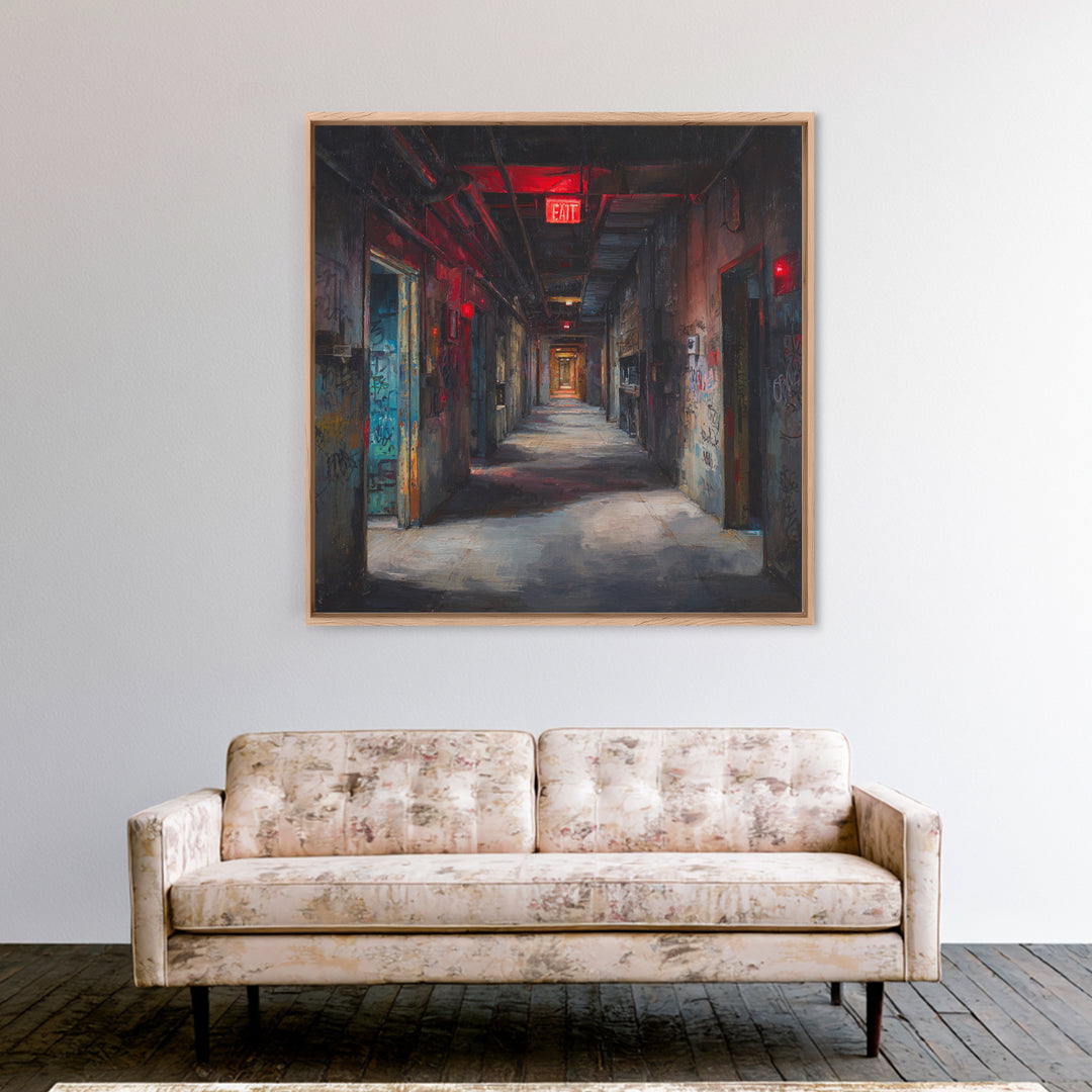 Dark Abandoned Corridor Wall Art, Moody Urban Exploration Painting, Industrial Gothic Decor, Graffiti Hallway Office Art