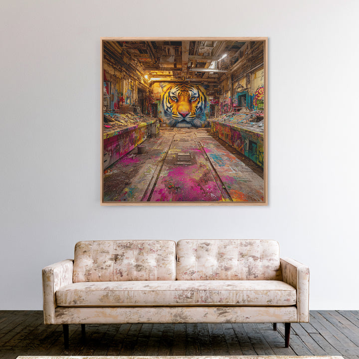 Tiger Graffiti Mural In Abandoned Factory Canvas Print, Urban Street Art, Wildlife Wall Art, Bold Industrial Loft Decor Gift