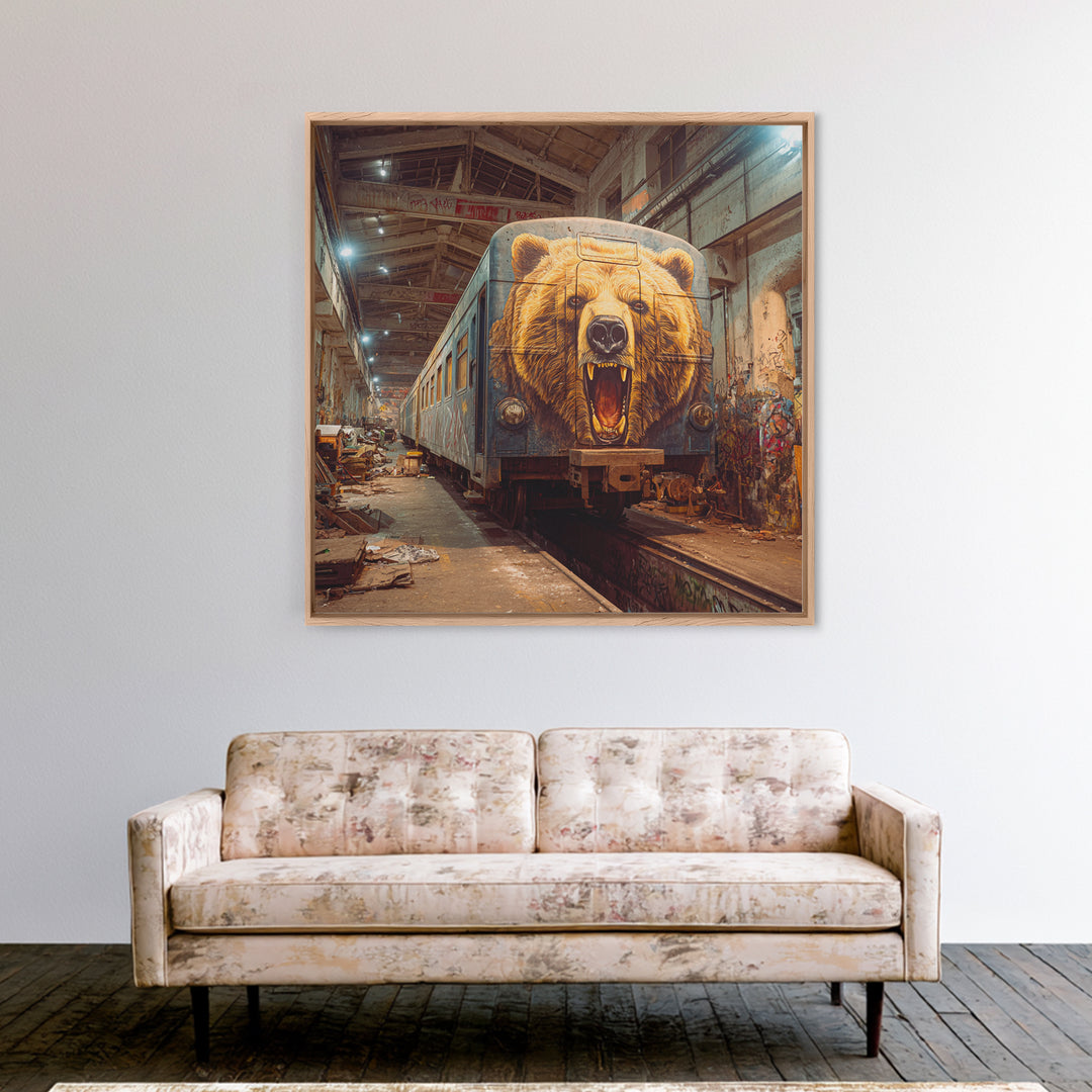Roaring Bear Train Mural Canvas Print, Urban Graffiti Wall Art, Industrial Decor, Wildlife Art, Statement Artwork, Man Cave Decor