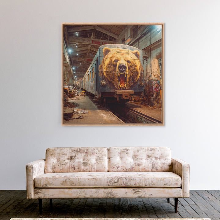 Roaring Bear Train Mural Canvas Print, Urban Graffiti Wall Art, Industrial Decor, Wildlife Art, Statement Artwork, Man Cave Decor