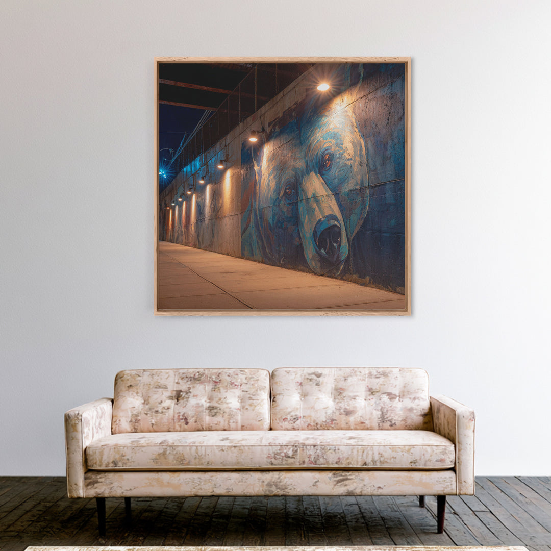 Blue Bear Street Mural Canvas Print, Urban Graffiti Wall Art, Moody City Decor, Wildlife Art, Modern Wall Decor, Night Photography