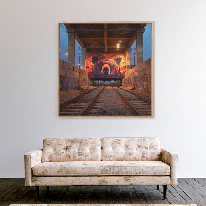 Sunset Bear Railroad Mural Framed Canvas Print, Urban Graffiti Wall Art, Industrial Decor, Wildlife Statement Art, Man Cave Decor