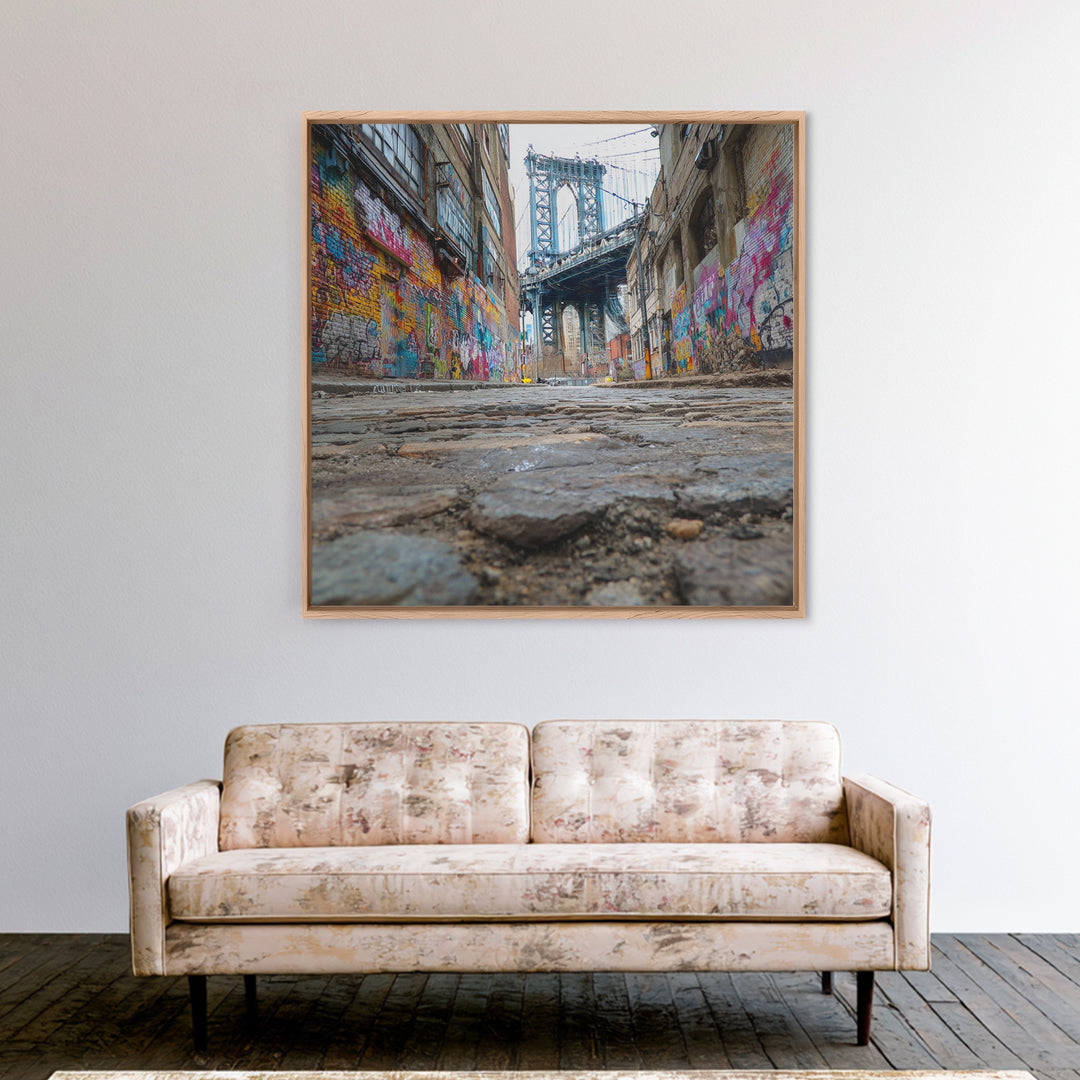 Cobblestone Alley And Bridge Wall Art, Urban Graffiti Photography Print, New York City Decor, Industrial Wall Decor, Travel Poster