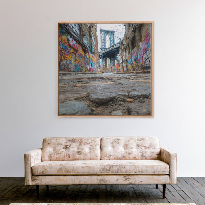 Cobblestone Alley And Bridge Wall Art, Urban Graffiti Photography Print, New York City Decor, Industrial Wall Decor, Travel Poster