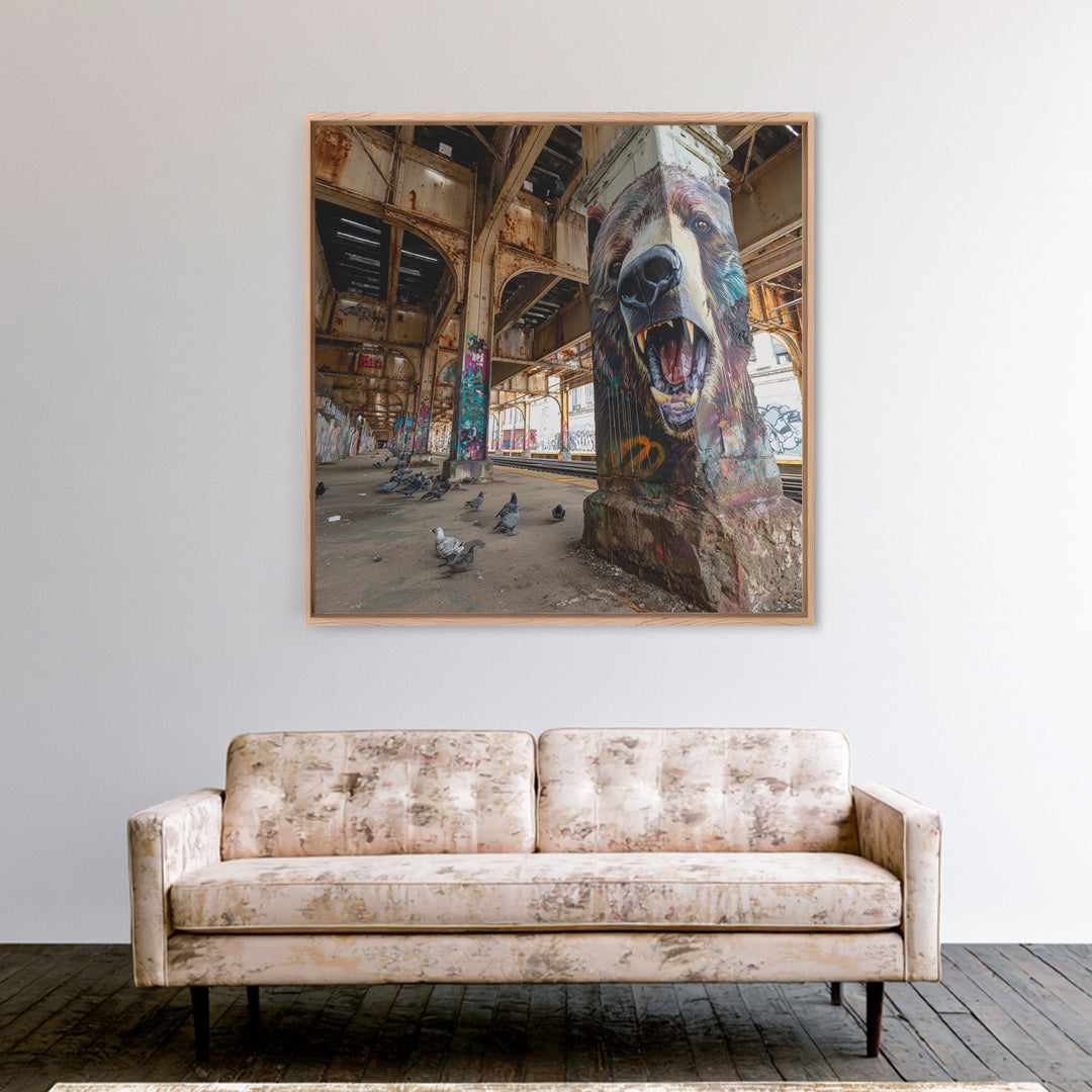 Roaring Bear Pillar Mural Canvas Print, Urban Graffiti Wall Art, Industrial Decor, Wildlife Art, Bold Animal Decor, Man Cave Decor