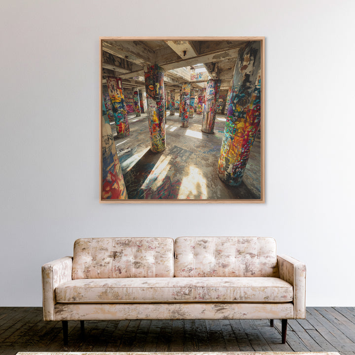Graffiti Covered Concrete Pillars Canvas Print, Abandoned Warehouse Street Art, Industrial Loft Wall Decor, Urban Home Decor