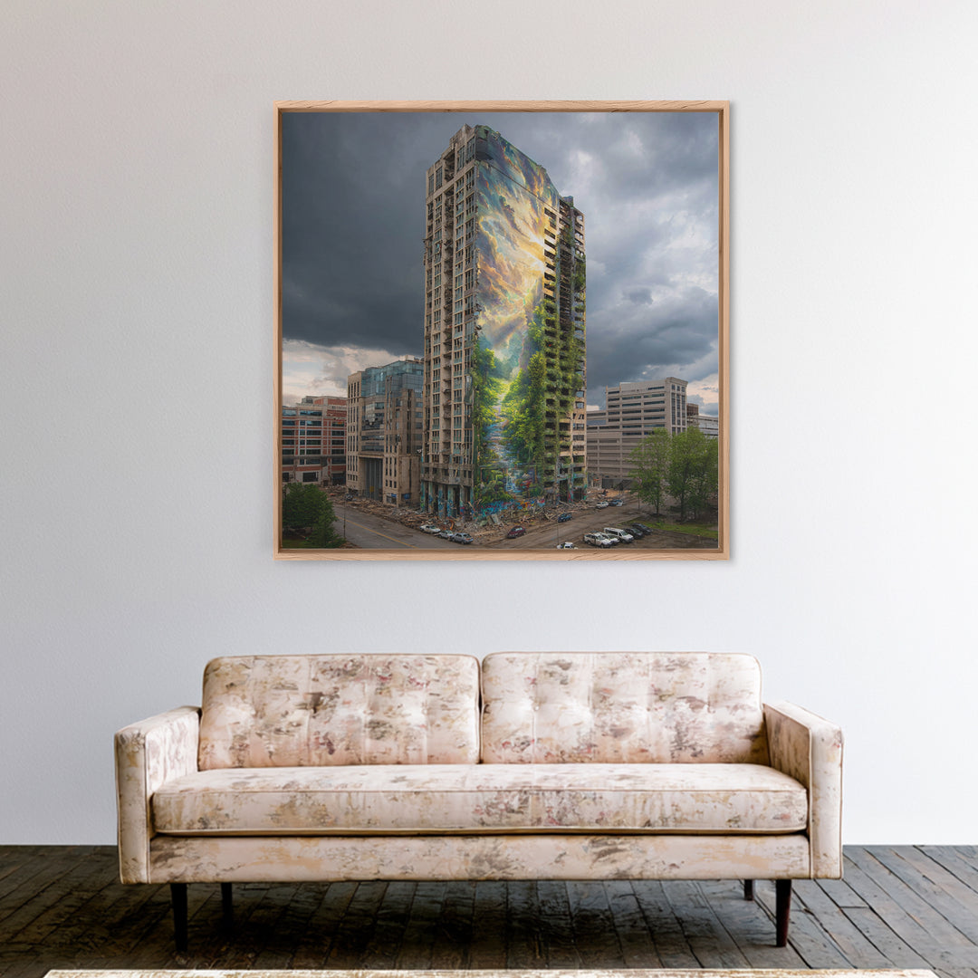 Stormy City Tower With Nature Mural Canvas Print, Urban Architecture Wall Art, Surreal Street Art, Modern Office Decor For Loft