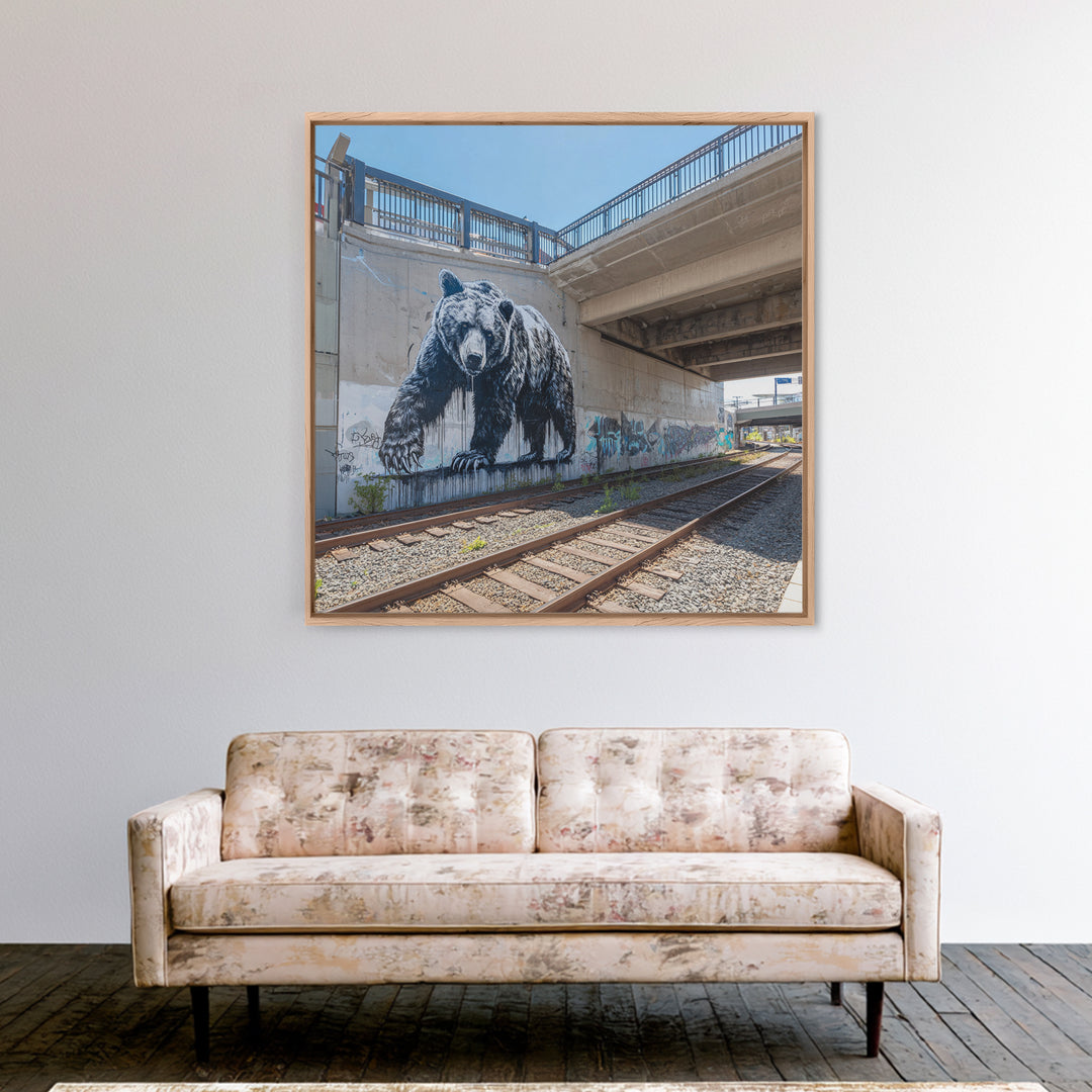 Black Bear Graffiti Mural By Train Tracks Canvas Print, Urban Wildlife Wall Art, Industrial Street Art Decor For Modern Loft