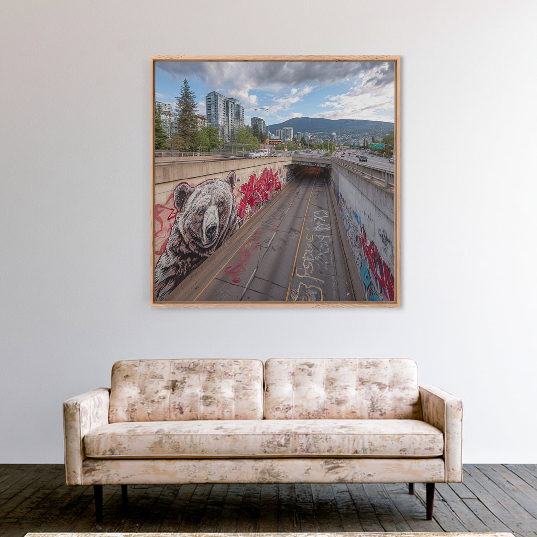 Bear Mural Highway Underpass Cityscape Wall Art, Urban Wildlife Print, Mountain Landscape Decor, Graffiti Street Photography