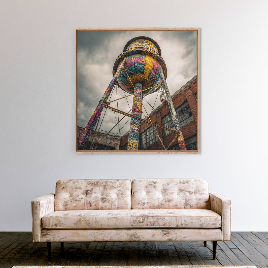 Graffiti Water Tower Under Stormy Sky Wall Art, Industrial Urban Print, Street Art Photography, Bold Loft Decor For Home