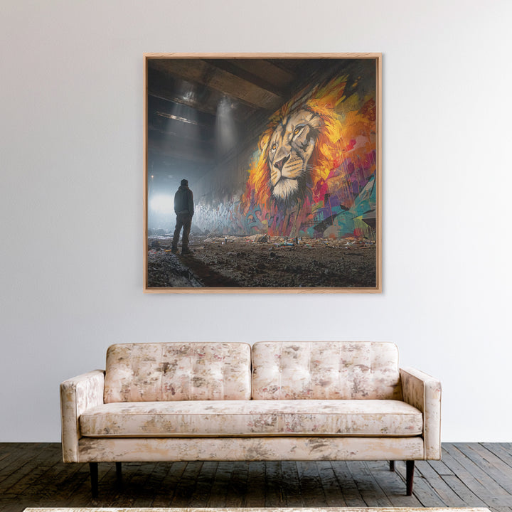 Underground Lion Mural In Shadowed Tunnel Framed Canvas Print, Urban Wildlife Wall Art, Graffiti Decor, Moody Street Photography