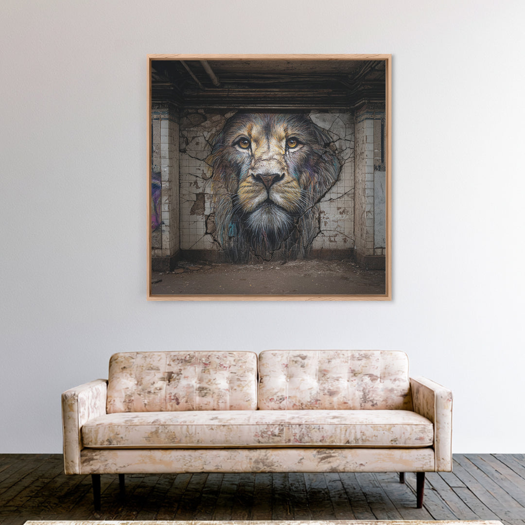 Cracked Wall Lion Portrait Graffiti Wall Art, Abandoned Subway Mural Print, Urban Wildlife Decor, Moody Animal Art For Home