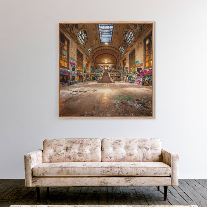 Abandoned Grand Hall Graffiti Framed Canvas Print, Urban Street Art, Industrial Wall Decor, Large Statement Artwork, Modern Home Decor
