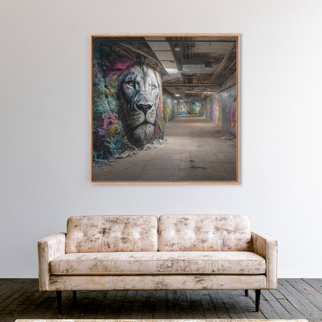 White Lion Graffiti Tunnel Wall Art, Urban Street Art Canvas Print, Wildlife Mural Decor, Industrial Loft Statement Art Gift
