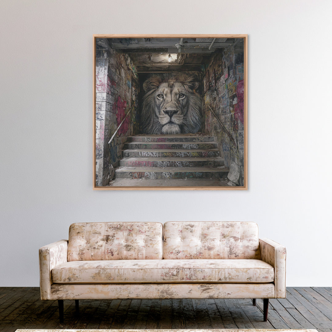 Realistic Lion Stairwell Wall Art, Urban Graffiti Mural Canvas Print, Street Art Decor, Bold Animal Office Poster For Men