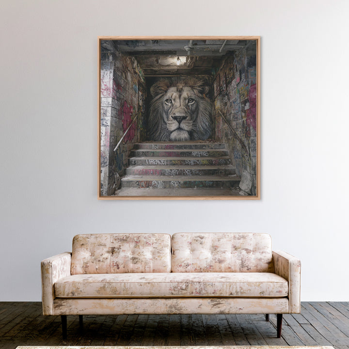 Realistic Lion Stairwell Wall Art, Urban Graffiti Mural Canvas Print, Street Art Decor, Bold Animal Office Poster For Men
